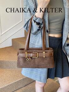 CHAIKA & KILTER 1pc Solid Color Suede-Like Fabric With PU Leather Shoulder Bag, Women's Vintage Fashion Hobo Bag With Strap Decor, Zipper Closure, Dual Handles, Suitable For Daily Use , Office Bag - Coffee - View 9