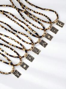 1pc Fashionable Personalized Handpainted Enamel Dark Tarot Card Pendant Necklace, Abstract Pattern Options, Leopard Fabric Creative Necklace, Versatile Accessory For Autumn/Winter Daily Wear