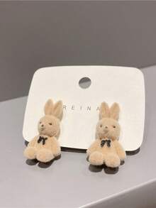 1 Pair Of Women's Sweet Fluffy Cartoon Studs: 3D Flocked Bunny, Simple Cute Earrings , 3D Simple Cute Studs: Flocked Bunny, Women's Sweet Fluffy Cartoon Ear Accessories - 棕色 - 查看 8