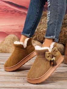 女士厚底防滑秋冬新款个性流苏蝴蝶结装饰一脚蹬保暖羊毛边短靴雪地靴 - 棕色 - 查看 4