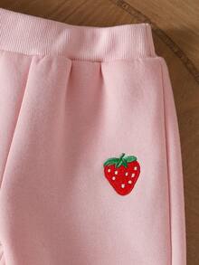 2 Stücke Baby Mädchen Erdbeere Stickerei Thermisch gefütterte Sweatshirt und Hose Set, süße Vintage Streetwear für Outdoor-Aktivitäten