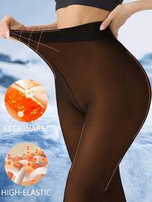 Fleece Lined Thermal Tights For Women, Sexy Translucent Warm Leggings, Suitable For People Of Different Skin Colors, Pantyhose Slim Winter Warm Thick Velvet Stockings Female Cute Insulated Pants - 黑透蜂蜜 - 查看 3