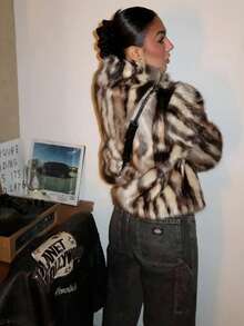 Women's Faux Fur Leopard Print Coat, Elegant & Chic Fuzzy Outerwear, Versatile For Daily Wear, Autumn/Winter - Multicolor - View 8