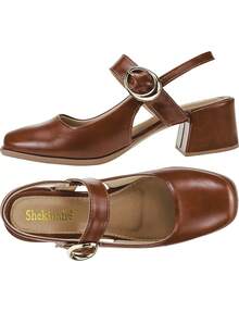 Sapato Feminino Scarpin Bico Quadrado Salto Baixo Mary Jane Boneca Shekinah Fivela Confortável Retrô  Simples    Negócios    PVC    Fivela    Escritório    2025 - Caramelo - Visão 3