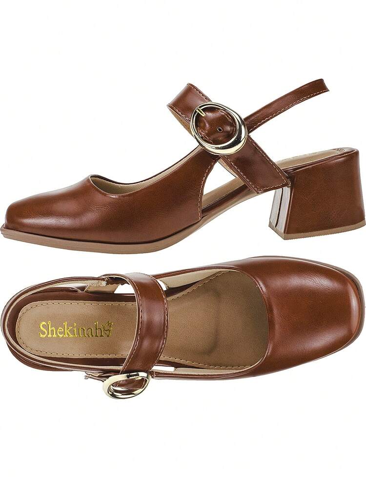 Sapato Feminino Scarpin Bico Quadrado Salto Baixo Mary Jane Boneca Shekinah Fivela Confortável Retrô  Simples    Negócios    PVC    Fivela    Escritório    2025 - Caramelo - Visão 3
