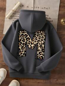 1pc Tween Girl Casual Printed Pullover Sweatshirt, Thermal Lined, Long Sleeve, Autumn/Winter Student Clothing - Dark Grey - View 3