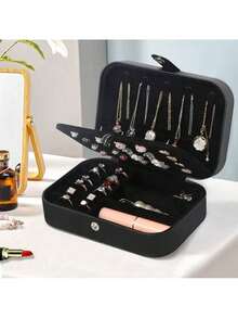 Travel Jewelry Box, Small Jewelry Organizer Boxes For Women Girls, 2 Layer Travel Jewlery Case, PU Leather Mini Portable Jewerly Storage Display Holder For Earrings, Ring, Necklaces, Bracelets - Black