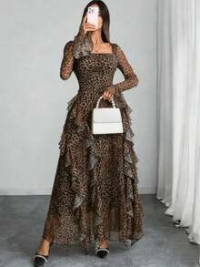 Voworia Plus Size Women's Leopard Print Square Neck Long Sleeve Ruffle Hem Elegant Dress - Brown - View 4