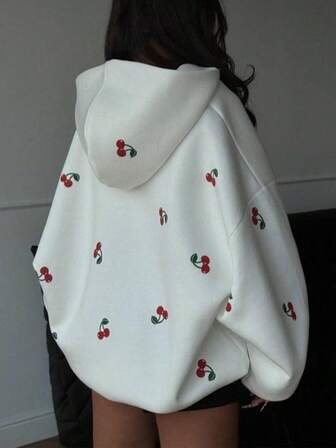 SAOYANGYU Women's Cherry Print Drop Shoulder Long Sleeve Zip Front Casual Hoodie With Pockets, Autumn/Winter