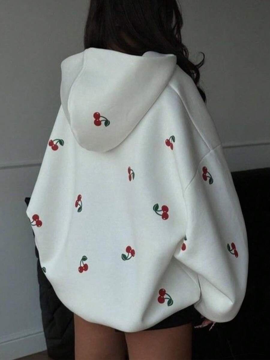 SAOYANGYU Women's Cherry Print Drop Shoulder Long Sleeve Zip Front Casual Hoodie With Pockets, Autumn/Winter - White - View 1