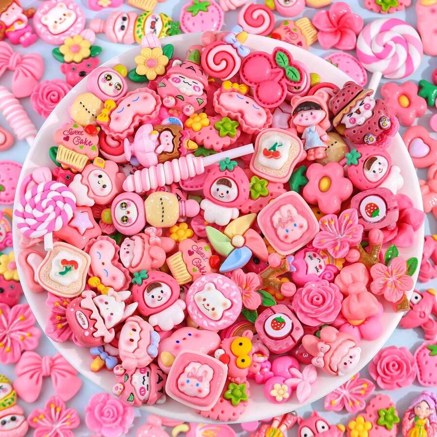 40/60pcs Rose Pink Slime Charms Assorted Cute Decoden Embellishments, Kawaii Slime Accessories,For Crafts Mini Decoden Acrylic Embellishments Phone Junk Cases Scrapbooking & DIY Decoration - 60PC - 查看 1