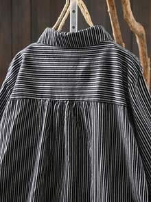 加大码优雅条纹梭织面料纽扣休闲设计长袖衬衫，适合日常、办公室、早午餐、所有季节 - 黑色 - 查看 4