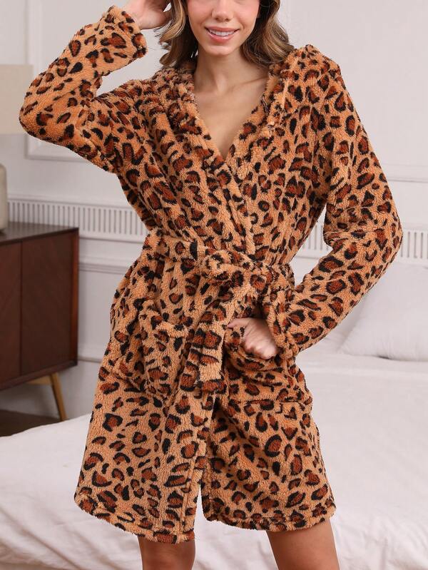 Leopard Print Fluffy Hooded Waist Tie Casual Sleepwear Robe