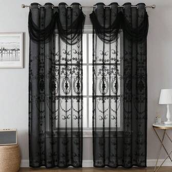 1 pieza Cortina vintage romántica francesa de encaje negro con bordado floral, con cenefa adjunta, adecuada para dormitorio, boda, balcón, oficina, sala de estar, decoración del hogar