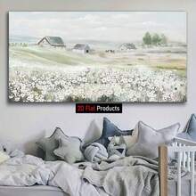 Large Framed Canvas Wall Art - Spring Countryside Landscape Painting, Modern Farmhouse Style White Picket Fence & Wildflowers, Pine Wood Frame, Ready-To-Hang Wrapped Canvas Print For Living Room, Bedroom, Hallway - Nature-Inspired Decor, 2D Flat - 彩色 - 查看 2