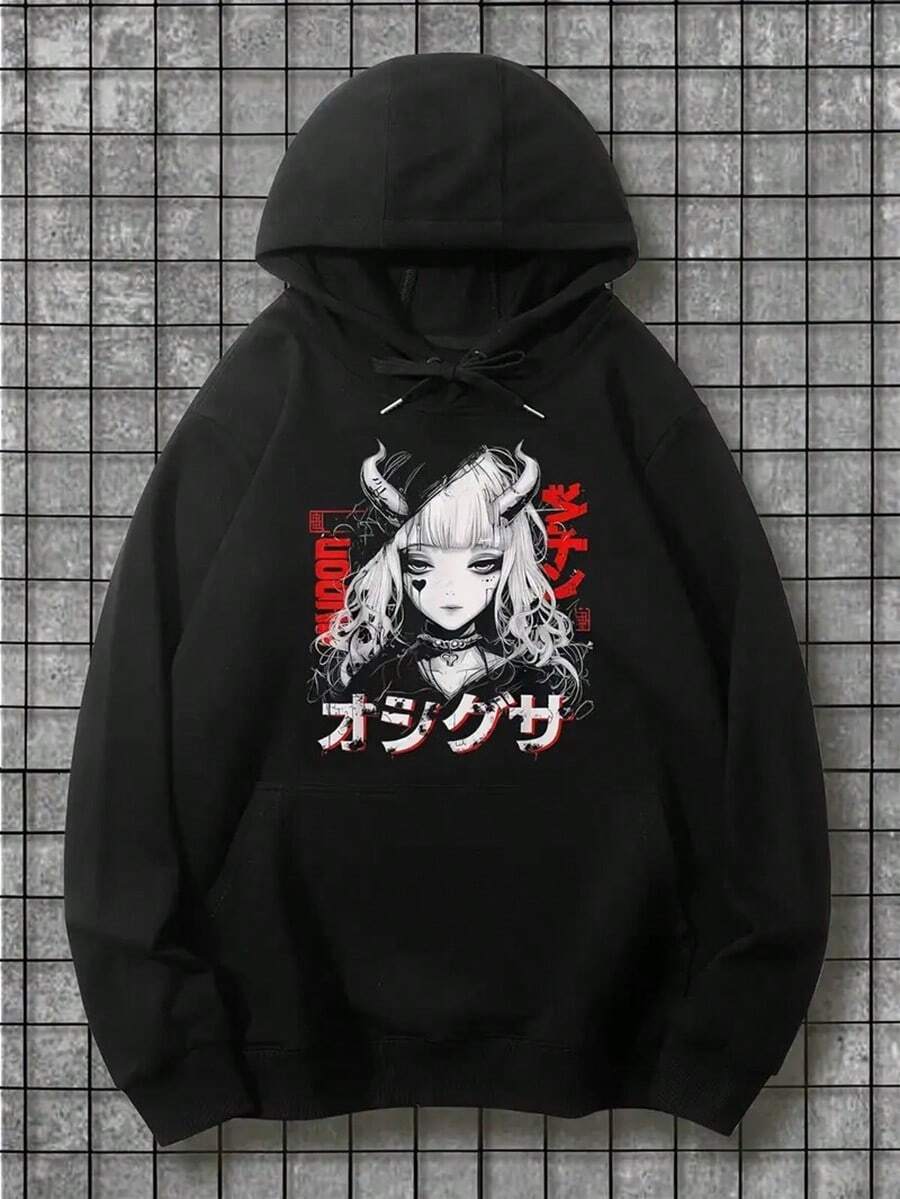 Men'S Gothic Heavy Metal Hoodie - Horned Priestess Graphic Pullover, Stretchy Knit Fabric Streetwear For Concerts, Cosplay & Casual Attire - Machine Washable Punk Sweatshirt,Fall Hoodies,Men's Fall Clothes,Street Wear,Halloween,Mens Hoodies,Y2k Clothes,Jesus Hoodie,Thanksgiving Day,Nightmare Before Christmas,Christmas - 黑色 - 查看 1