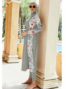 Women's Burkini Thermal Spring Detachable Arabic Printed 3 PiecesSwimsuit, Color Block, Modest Full Coverage Swimwear For Surfing And Diving, Sun Protection Vacation Beach - Grey - View 2