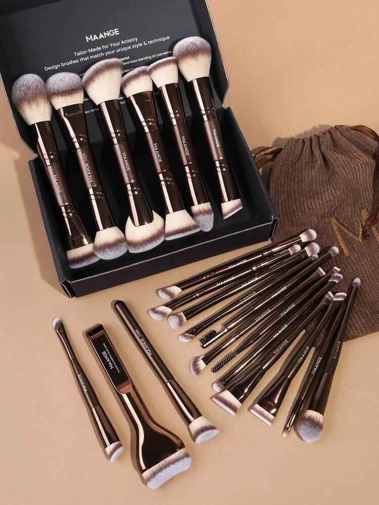 MAANGE 1/7/13/20/21pcs Professional Soft Aluminum Tube Makeup Brush Set, Includes Velvet Bag, Makeup Pouch, Foundation Brush, Eyeshadow Brush, Eyebrow Brush, Blending Brush, Highlighter Brush, Suitable For Powder, Liquid, Cream Cosmetics, Ideal For Daily Use And Travel, A Thoughtful Makeup Accessory Gift Set For Friends. The Set Includes: Makeup Brush Set, Makeup Brush Set, Complete Makeup Brush Set, Makeup Brush Set, Complete Makeup Tool Set, Makeup Brush Set, Makeup Gift Set.,Giveaways,Professional Makeup Brushes,Complete Makeup Set - Brown - View 3