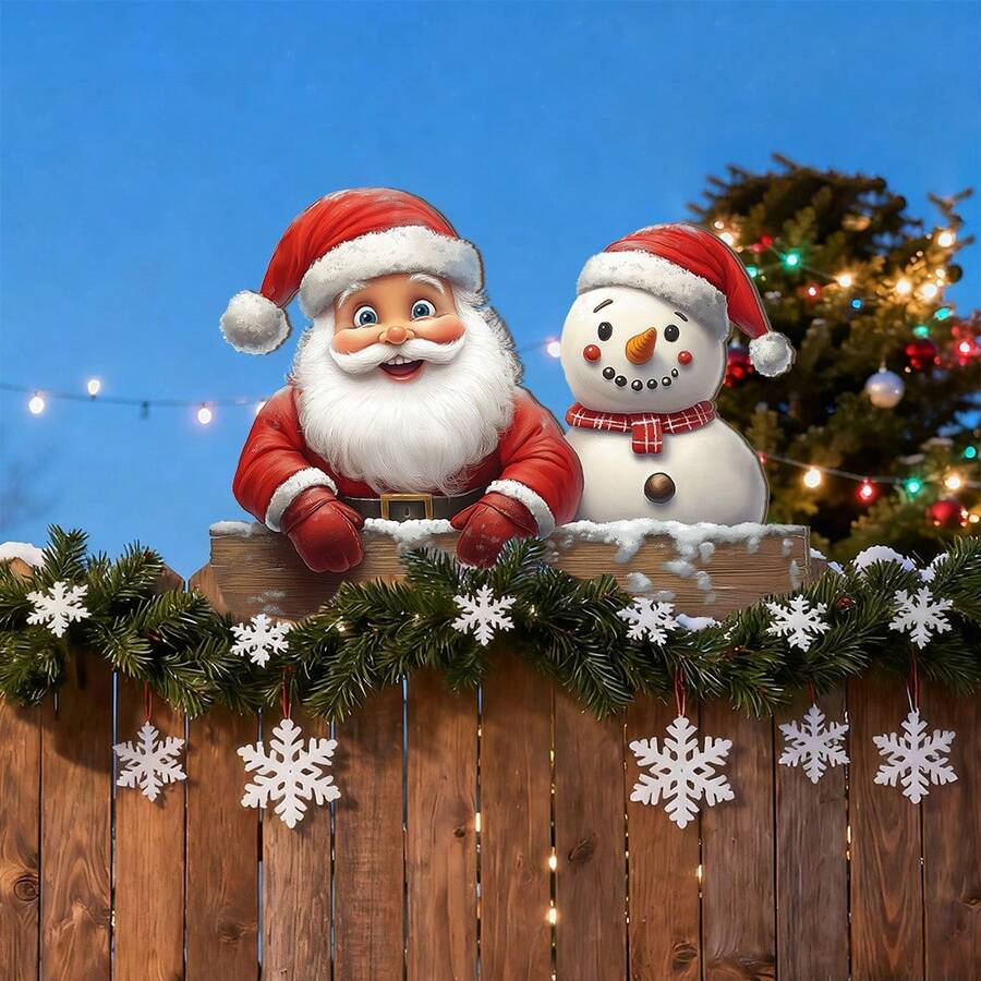 1 pieza, Decoración de pared y valla de estilo rural de madera con Papá Noel, muñeco de nieve y reno, decoración de patio navideño, madera, decoración de pared y valla de jardín interior/exterior, sin electricidad requerida, fácil de instalar (con tornillos), regalo navideño para amigos, decoración navideña, 2D