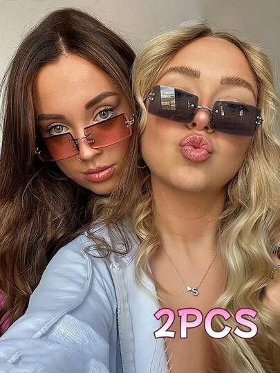 1pc/2pcs Women's Luxury Frameless Diamond-Edged Rectangular Fashionable Fashion Glasses, Suitable For Daily Wear, Beach, Outdoor Travel, And School