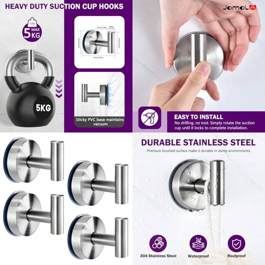 Suction Cup Hooks For Shower Wall Stainl Steel Vacuum Shower Hook Heavy Duty Bathroom Suction Towel Holder For Inside Shower Coat Hooks Wall Hanger For Door Glass Kitchen Brushed Sier 4Pcs