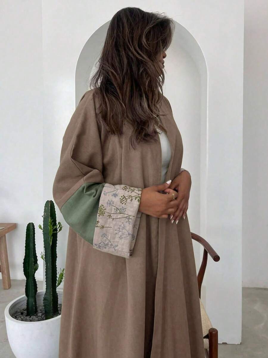 1pc Elegant Multi-Color Embroidered Women's Dress, Boho-Inspired Color Combination. Vintage Arabic Style Dress. Spring Fall - Khaki - View 1