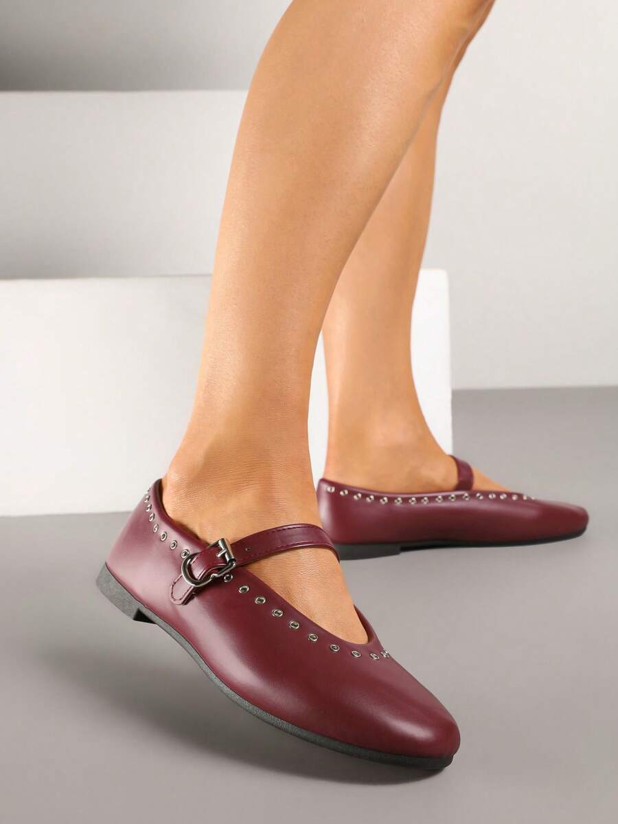 Ballet Flats With A Buckle Strap And Rivet Detailing - Burgundy - View 1