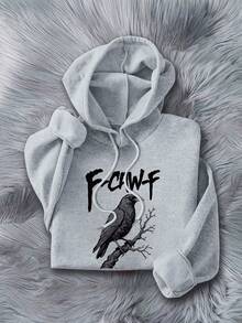 Sudadera con capucha estilo gótico oscuro con estampado de letra de cuervo "F-CAW-F" Parte superior gótica retro con cordones, bolsillos, capucha, tela de punto de manga larga, forro de invierno, sudadera de mujer, sudadera, sudadera talla grande, ropa de mujer talla grande, temporada de otoño e invierno, ajuste holgado y cómodo, ropa de otoño e invierno talla grande, uso diario