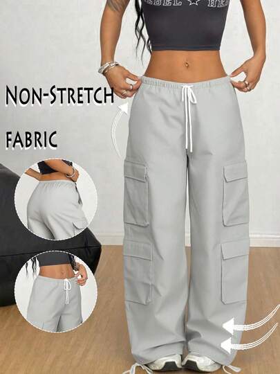 Women's Fashion Drawstring Solid Color Sports Pants With Large Pockets, Cargo Pants