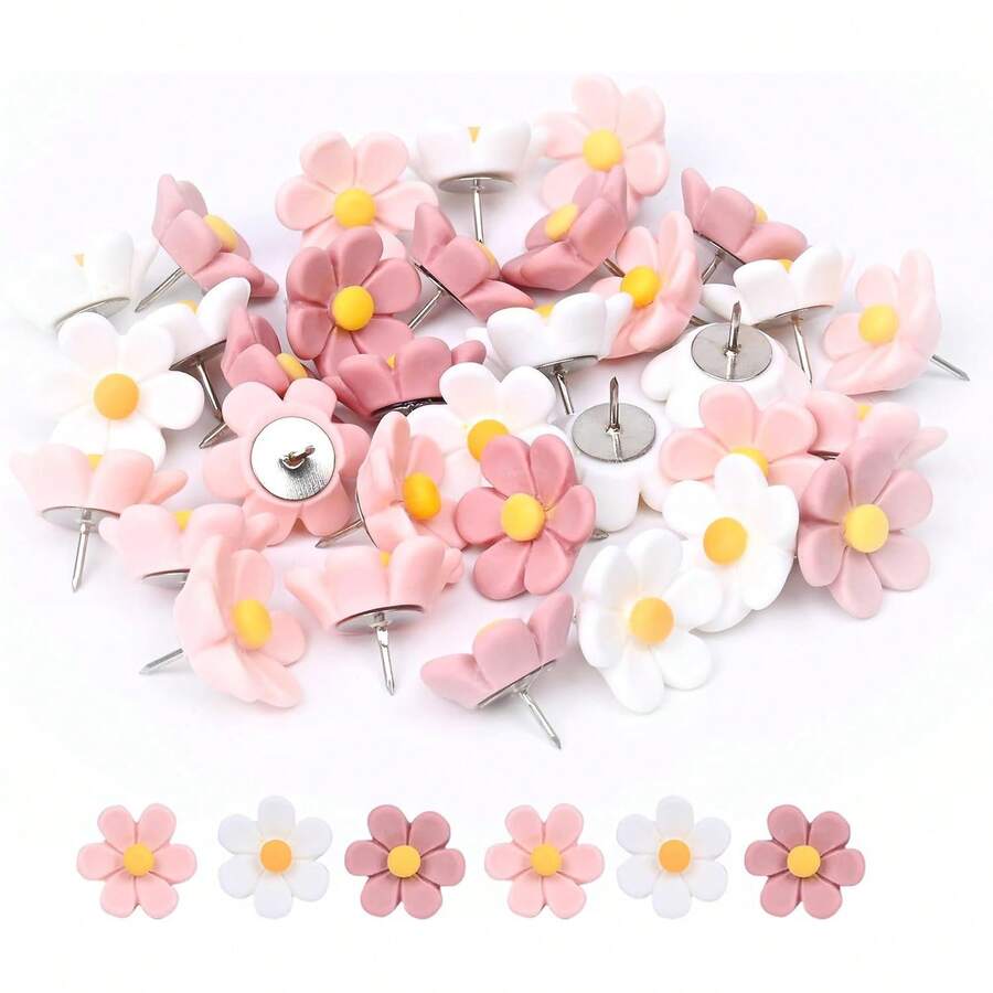 30 szt. trwałych, żywicy ABS, urocze pinezki z motywem kwiatów, z organizerem – różowe i białe kwiaty, idealne na tablice ogłoszeń, do ekspozycji zdjęć w domu i biurze, jako akcesoria do bukietów