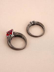 2pcs Copper Material Black Zirconia Heart Shaped Ring Set - Hot Pink - View 3