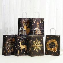 6 piezas Bolsas de regalo de papel kraft negro y dorado con asa, con estampado de renos, copos de nieve y árboles de Navidad en dorado, bolsas para fiestas de Navidad