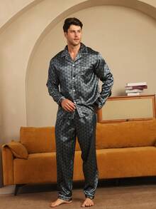 2pcs Men's Satin Button-Up Geometric Plaid Pajama Set, Long Sleeve Shirt And Pants Loungewear, Winter Clothes - Blue - View 4