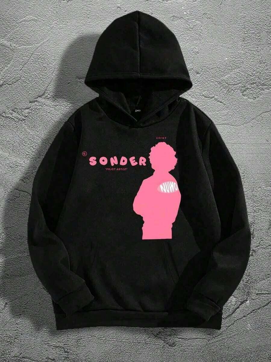 (Double-Sided Printing) SONDER Print Fashion Casual Men Hoodies Oversized Comfortable Streetwear Pullover Hooded Sweatshirt For Men Retro Graphic Design Soft Cotton Blend Long Sleeve Lounge Hoodie,Fall Hoodies,Men's Fall Clothes,Street Wear,Halloween,Mens Hoodies,Y2k Clothes,Jesus Hoodie,Thanksgiving Day,Nightmare Before Christmas,Christmas - 黑色 - 查看 1