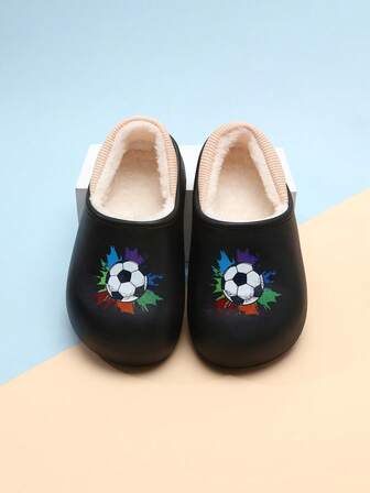 1 Pair Kids' Thermal Lined Slippers, Fashion Colorful Football Print, Warm, Anti-, Anti-Odor, Indoor/Outdoor Casual Wear, Autumn/Winter