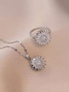 2 Peças Conjunto de Joias Femininas com Zircônia Cúbica Incrustada de Cobre, Girassol Rotativo, 1 Peça Colar + 1 Peça Anel, Tema Floral Requintado e Cintilante, Adicionando Toque Romântico e Luxuoso aos Looks