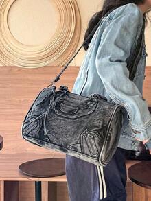 New Vintage Washed Jeans Messenger Bag, Casual Y2K Style Shoulder Bag, Double Handle Hand Bag, Niche Design, Spacious And Practical, Suitable Work Commuting, Shopping, Travel And Back To School, Fashionable Street Bag, Cow Girl KO4Q - 黑色 - 查看 5