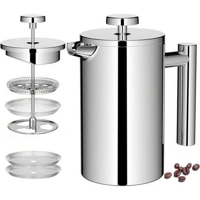 350ml, 750ml, 1000ml Stainless Steel French Press Coffee Maker With 3-Layer Filter, Double-Wall Insulation, Portable For Camping & Outdoor Activities, Durable, Comes With 2 Extra Filters And A Spoon, Easy To Clean