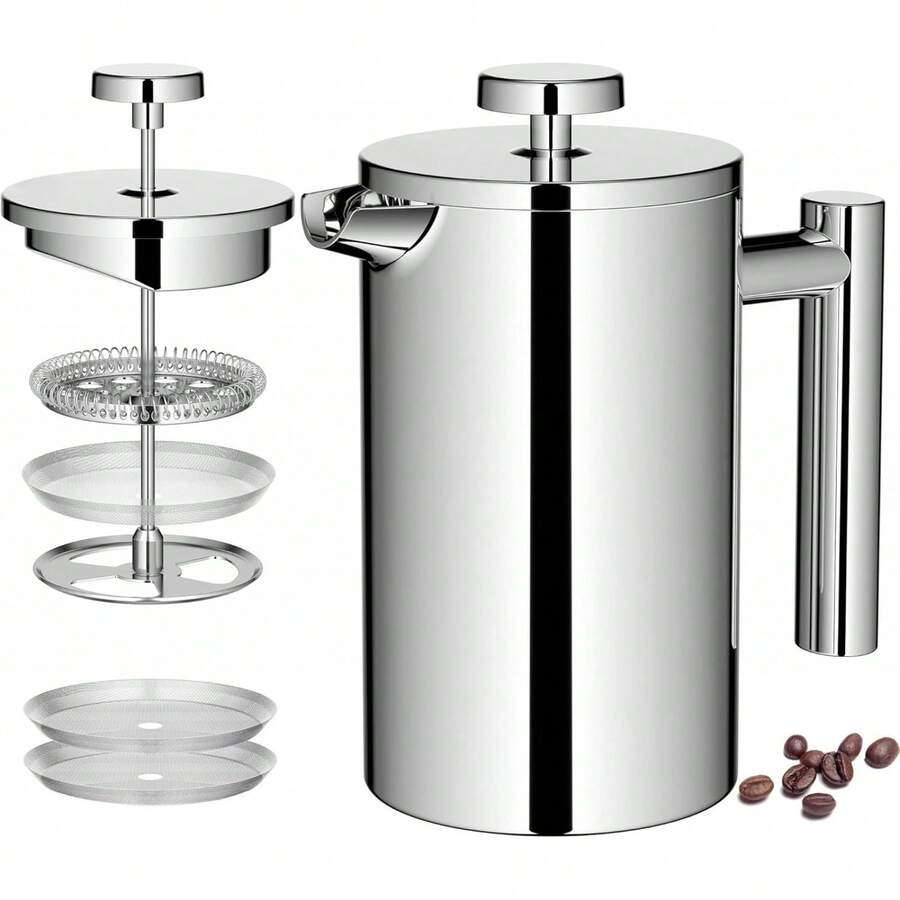 350ml, 750ml, 1000ml Stainless Steel French Press Coffee Maker With 3-Layer Filter, Double-Wall Insulation, Portable For Camping & Outdoor Activities, Durable, Comes With 2 Extra Filters And A Spoon, Easy To Clean - Multicolor - View 1