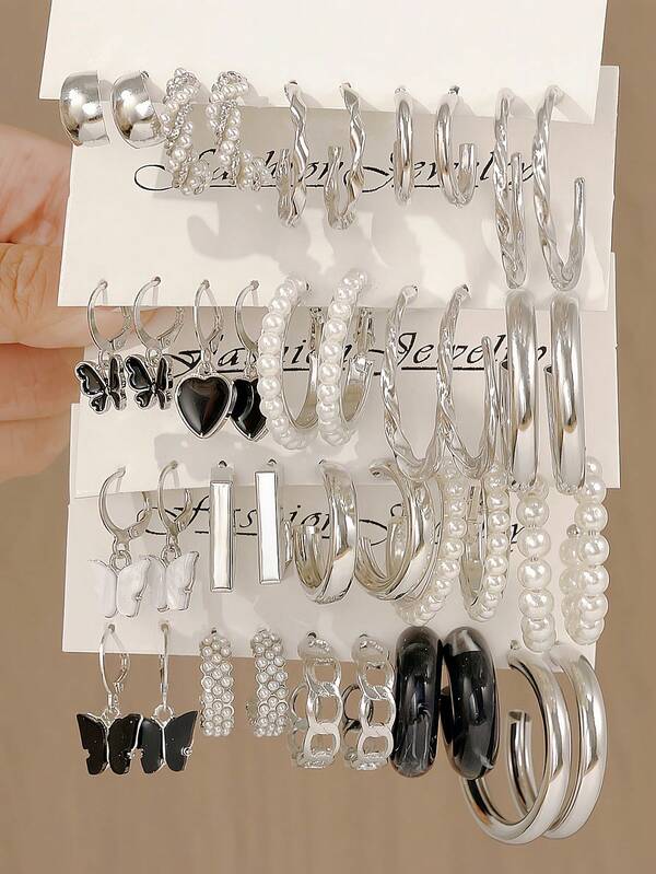 1/10pcs/40pcs New Butterfly & Heart Inlaid Plate Earrings, Hoop Earrings Set