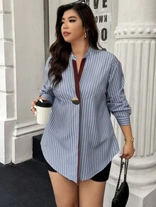 大码蓝色条纹金属纽扣V领休闲优雅女式衬衫，适合日常、外出、通勤穿着。 - 藍色 - 查看 6