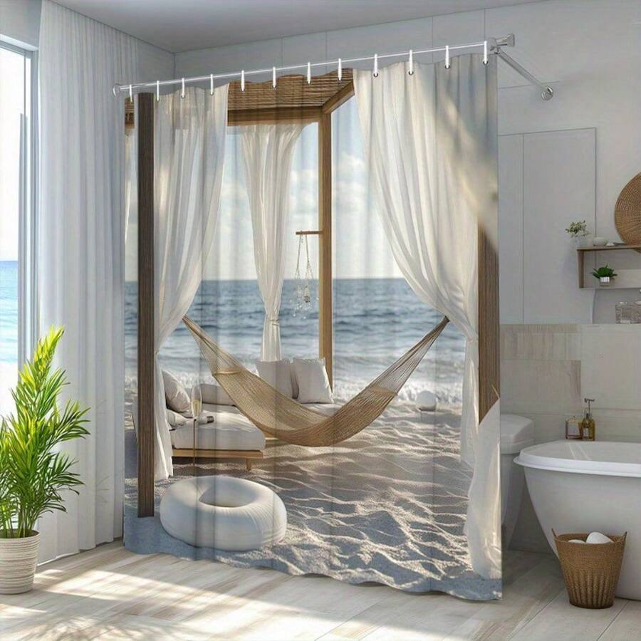 1pc Shower Curtain With Hooks Beachside Hammock Bed Tropical Sheer White 2D Flat Bathroom Partition Curtain For Windows Walls & Bathtub Polyester Fabric Easy To Clean Home Decor All Season Universal - đầy màu sắc - Xem 1