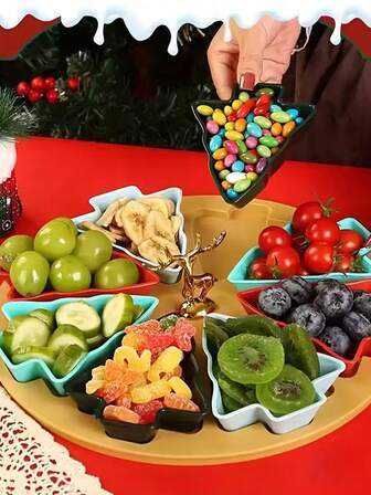 6Pcs/Set Christmas Tree Shaped 5-Compartment Tray And Base Set, Reusable, Plastic Material, Multipurpose Snack, Dessert And Candy Display Trays, Suitable For Holiday Parties, Family Gatherings, Office Events, Christmas Home Decor, Christmas Kitchen Decor, Durable And Easy To Clean Party Trays Christmas Decorations Home Christmas Gifts Christmas Decor
