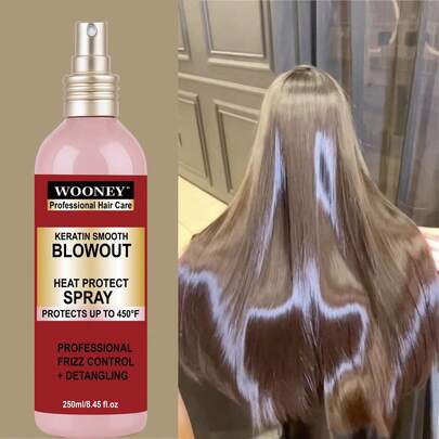 角蛋白顺滑吹风防热喷雾和防毛躁角蛋白顺滑吹风喷雾和丝绸精华防热喷雾可抵御高达 450°F 的专业防毛躁顺发喷雾 250 毫升