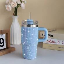 1pc 14oz Stainless Steel Cup With Handle & Straw - Double-Wall Insulated Travel Mug, Spill-Proof Lid - Keeps Drinks Hot/Cold For Hours - Elegant Glittering Diamonds - Perfect For Car, Office, Camping, Holidays - Ideal Christmas, Birthday, Valentine's Gift - (Black/Pink/Blue/), Travel Coffee Mug Insulated, Camping Essentials, Rhinestone Embellished, Quality Insulation, Office Drinkware, Decorative Drinkware, Premium Material, Hot And Cold Cup, Outdoor Enthusiasts, Perfect For Thanksgiving - 水鑽粉紅色 - 查看 5