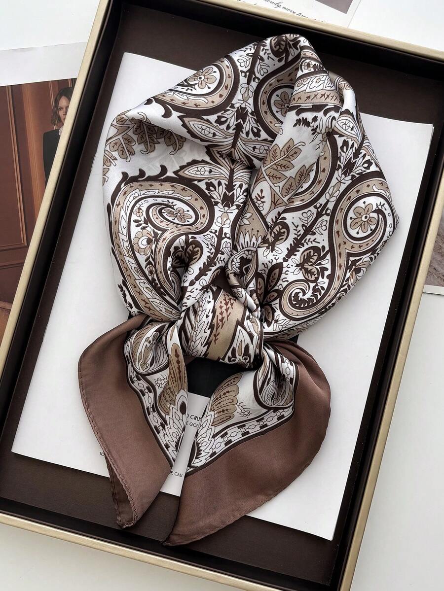 1 chiếc khăn vuông bằng satin 70cm với họa tiết Paisley thời trang, khăn choàng cổ, khăn quàng cổ, băng đô dành cho nữ, họa tiết hoa, phù hợp với váy. - Hạt điều caramel - Xem 1