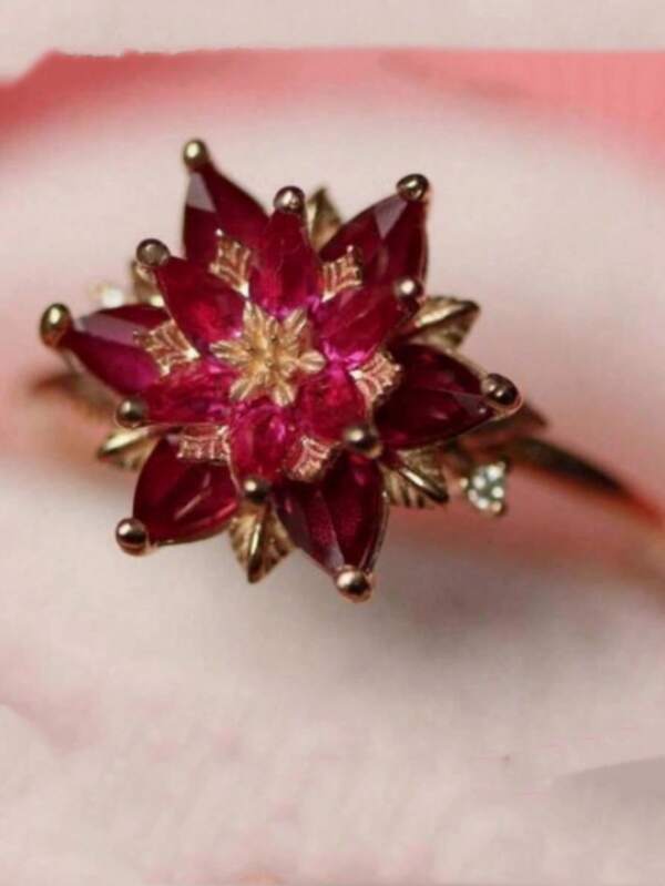 1PC Vintage Handmade Red Cubic Zirconia Lotus Flower Engagement Ring For Women Unique Golden Silvery Ring Birthstone Floral Ring Party Jewelry Mother's Day Gift
