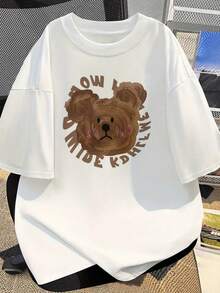 Autumn men's top with eye-catching "cartoon bear pattern" for religious festivals, carnival parties, 180g pure cotton T-shirt single round neck, pure cotton soft and comfortable top, machine washable regular style - Blanco - Ver 1