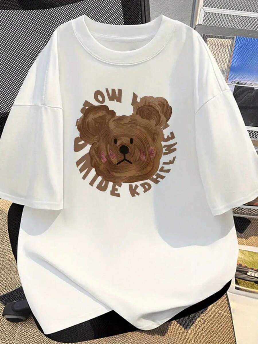 Autumn men's top with eye-catching "cartoon bear pattern" for religious festivals, carnival parties, 180g pure cotton T-shirt single round neck, pure cotton soft and comfortable top, machine washable regular style - Blanco - Ver 1
