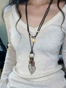 Vintage Versatile Western Style Long Double Layer Necklace New Forest Style Literary Layered Bohemian Sweater Chain - 鏤空樹葉民族風項鍊 - 查看 7